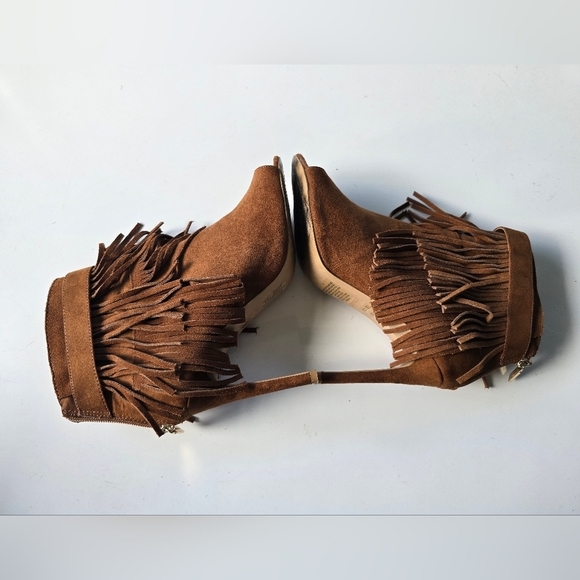 Express Boho Suede Fringe Peep Toe Brown Boots 7 - Picture 3 of 9
